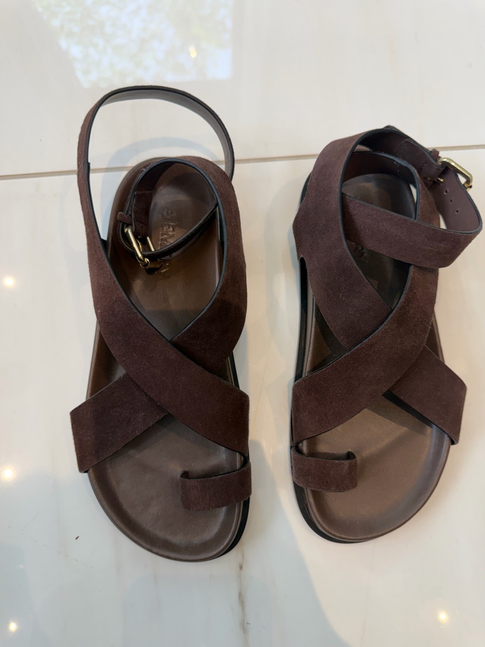 A. Emery Jalen Women's Brown Suede Cross-Strap Sandals